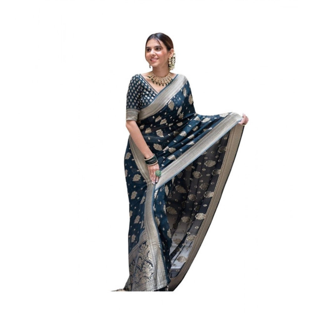Women's Soft Lichi Silk Printed Saree — Blue · _Blu