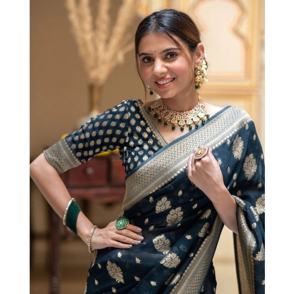 Women's Soft Lichi Silk Printed Saree — Blue · _Blu