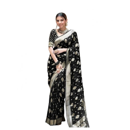 Women's Soft Lichi Silk Printed Saree — Black · _Blk