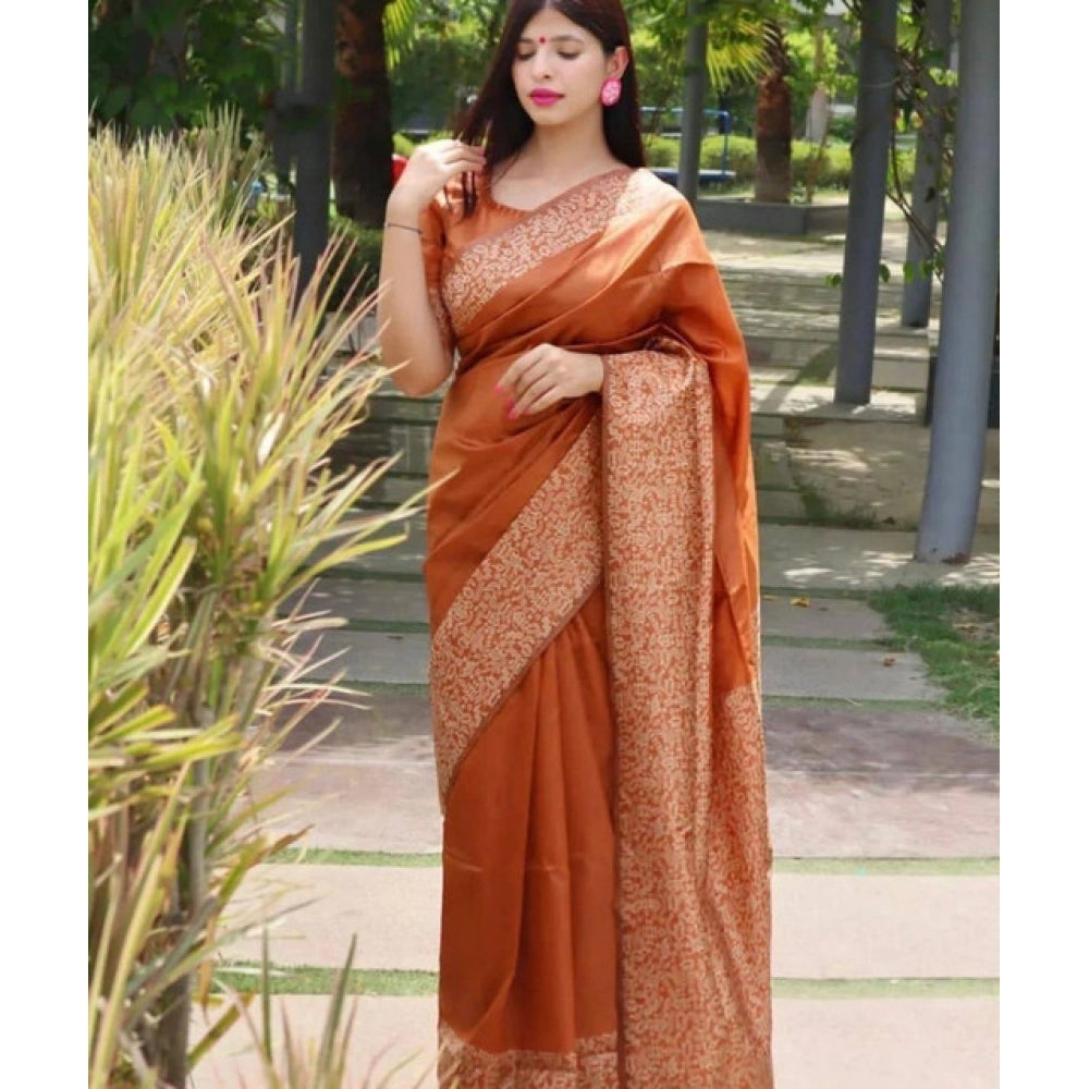 Women's Soft Lichi Silk Printed Saree — Brown · _Brn