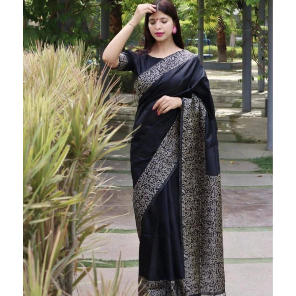 Women's Soft Lichi Silk Printed Saree — Black · _Blk