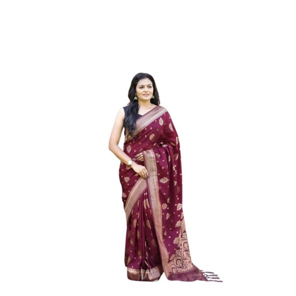 Women's Soft Lichi Silk Printed Saree — Wine · _Wne