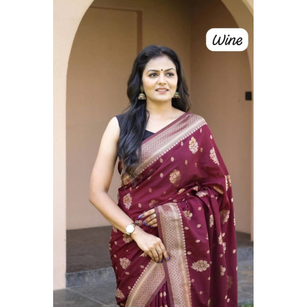 Women's Soft Lichi Silk Printed Saree — Wine · _Wne