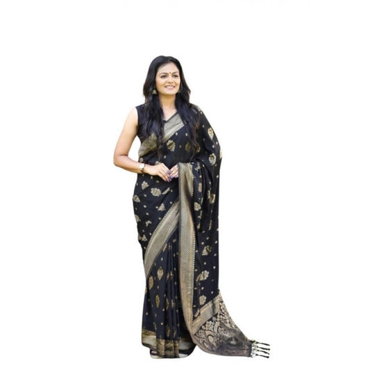 Women's Soft Lichi Silk Printed Saree — Black · _Blk