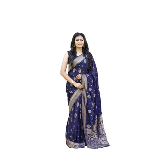 Women's Soft Lichi Silk Printed Saree — Navy Blue · _Blu