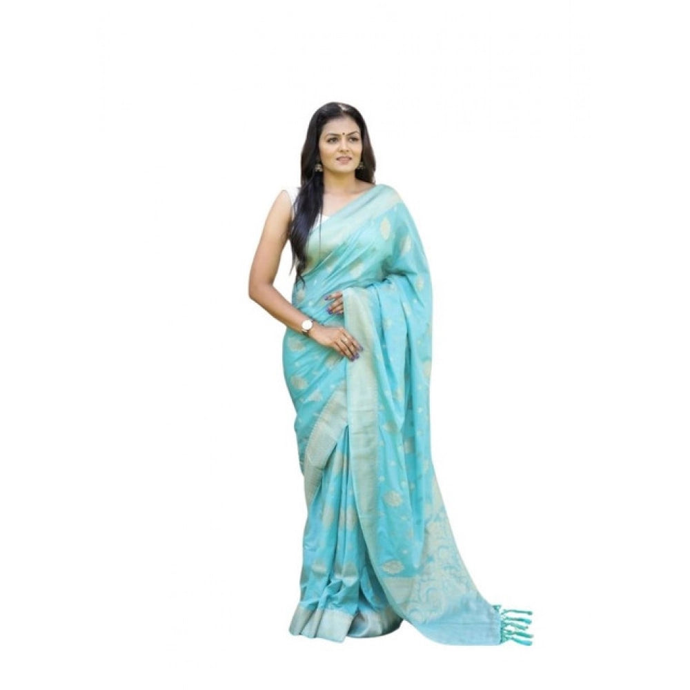Women's Soft Lichi Silk Printed Saree — Sky-Blue · _SBl
