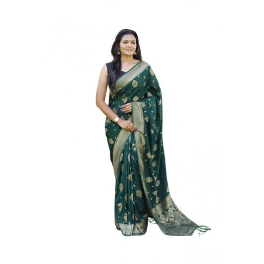 Women's Soft Lichi Silk Printed Saree — Bottle-Green