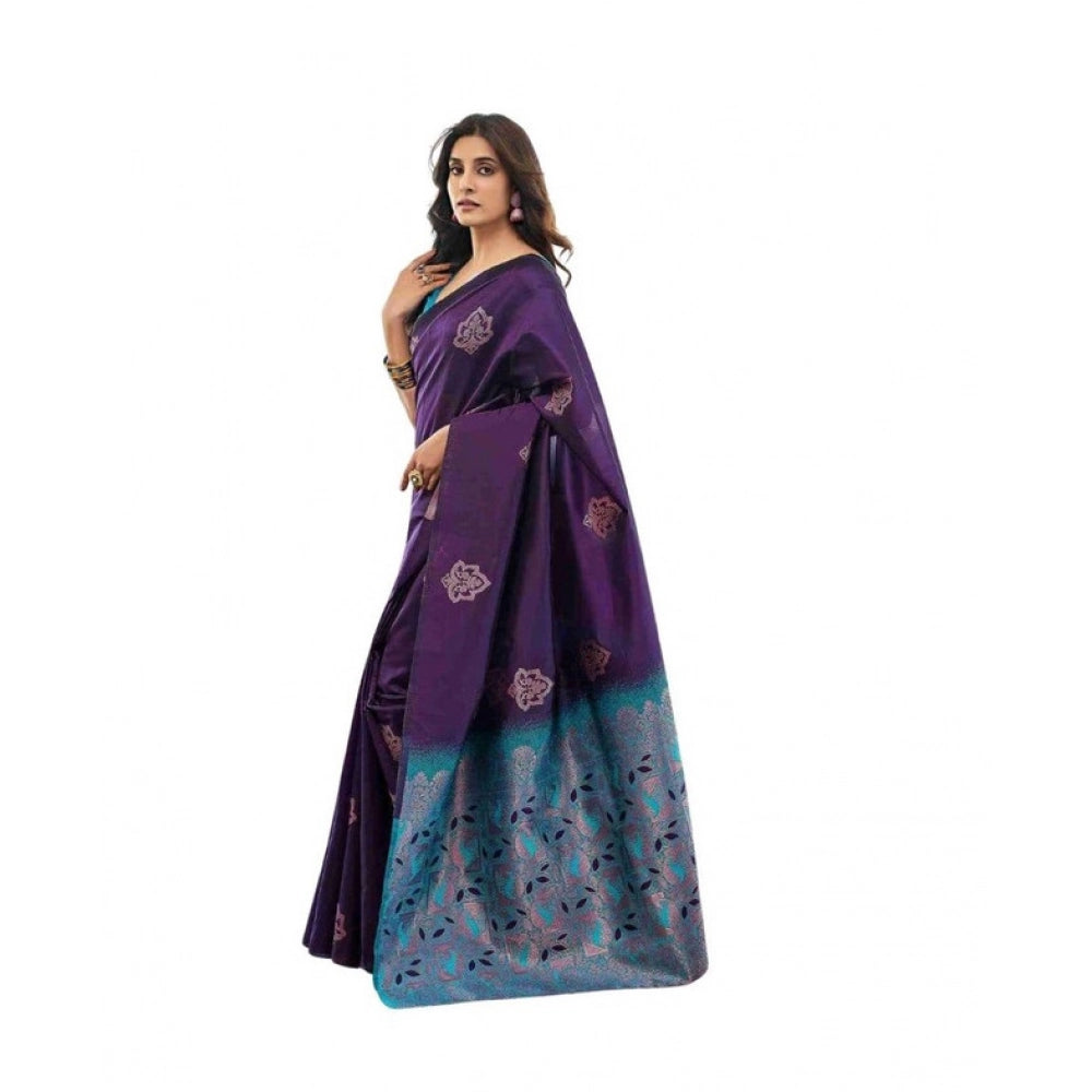 Women's Soft Lichi Silk Printed Saree — Blue · _Blu