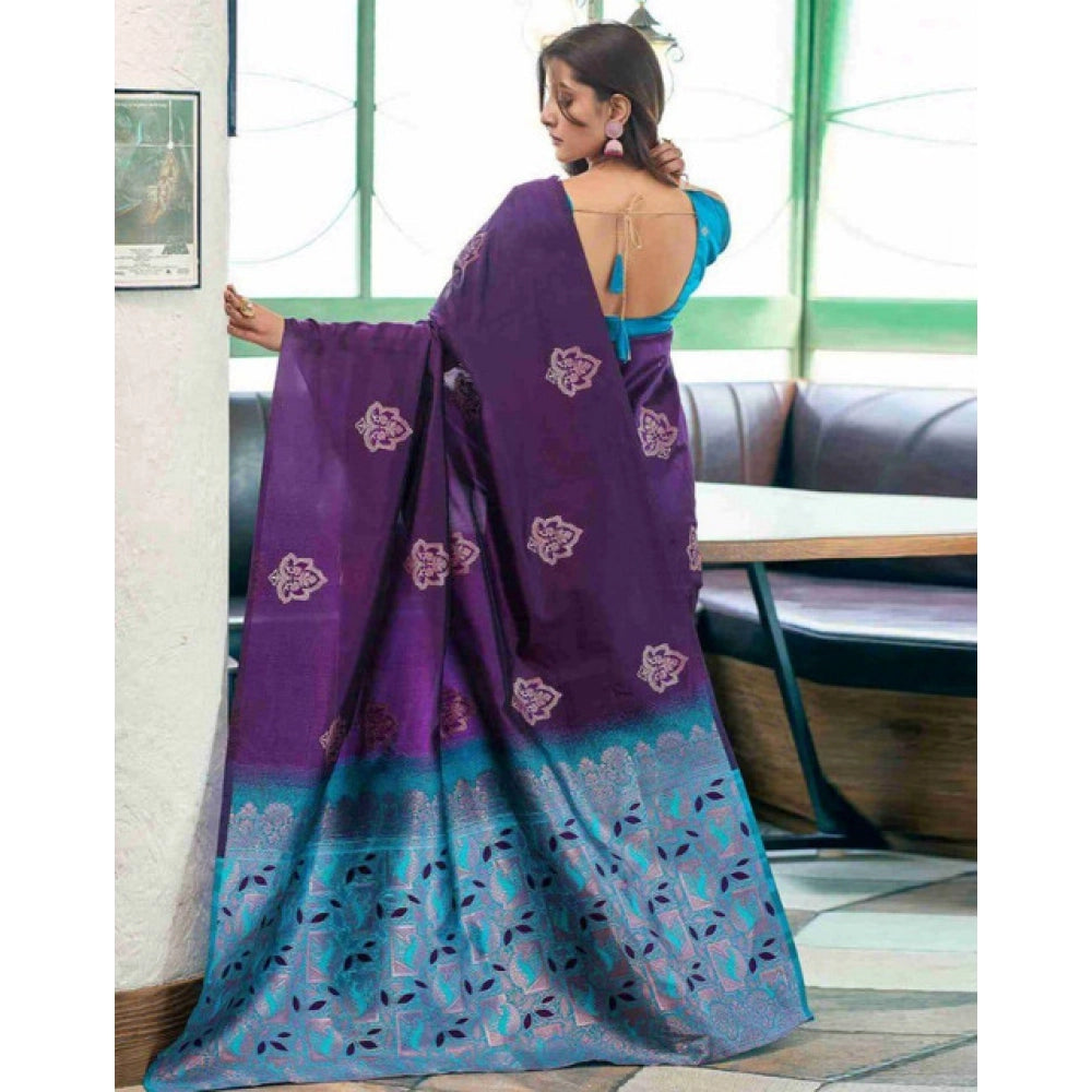 Women's Soft Lichi Silk Printed Saree — Blue · _Blu