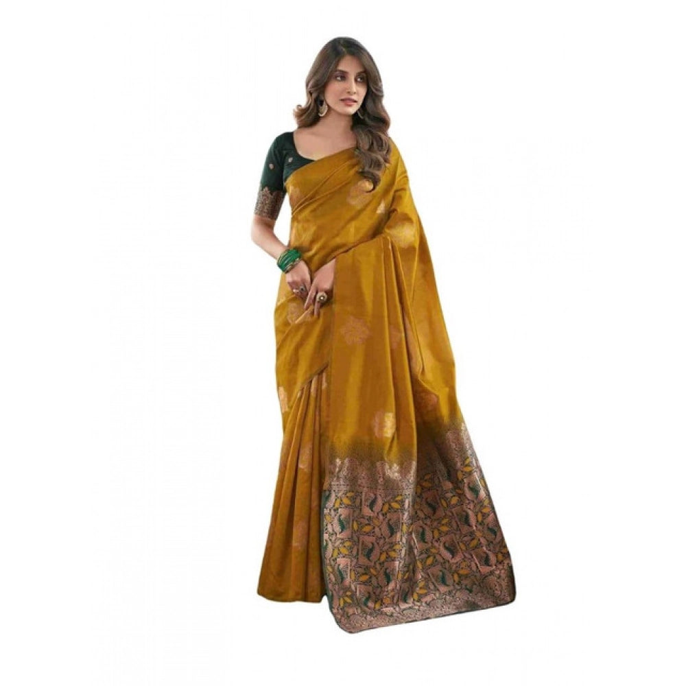 Women's Soft Lichi Silk Printed Saree — Mustard · _Mst