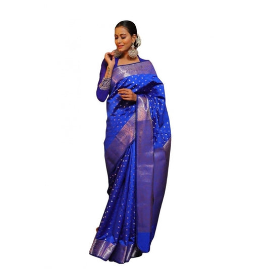 Women's Soft Lichi Silk Printed Saree — Blue · _Blu