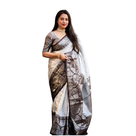 Women's Soft Lichi Silk Printed Saree — Off-White