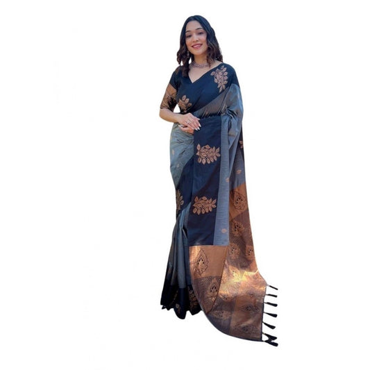 Women's Soft Lichi Silk Printed Saree — Grey · _Gry