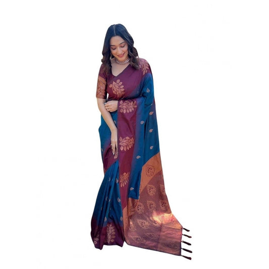 Women's Soft Lichi Silk Printed Saree — Blue · _Blu