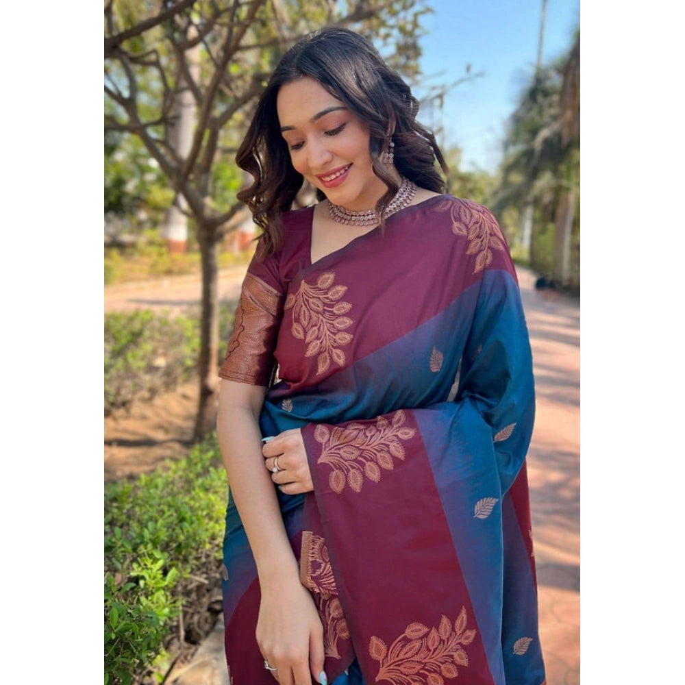 Women's Soft Lichi Silk Printed Saree — Blue · _Blu