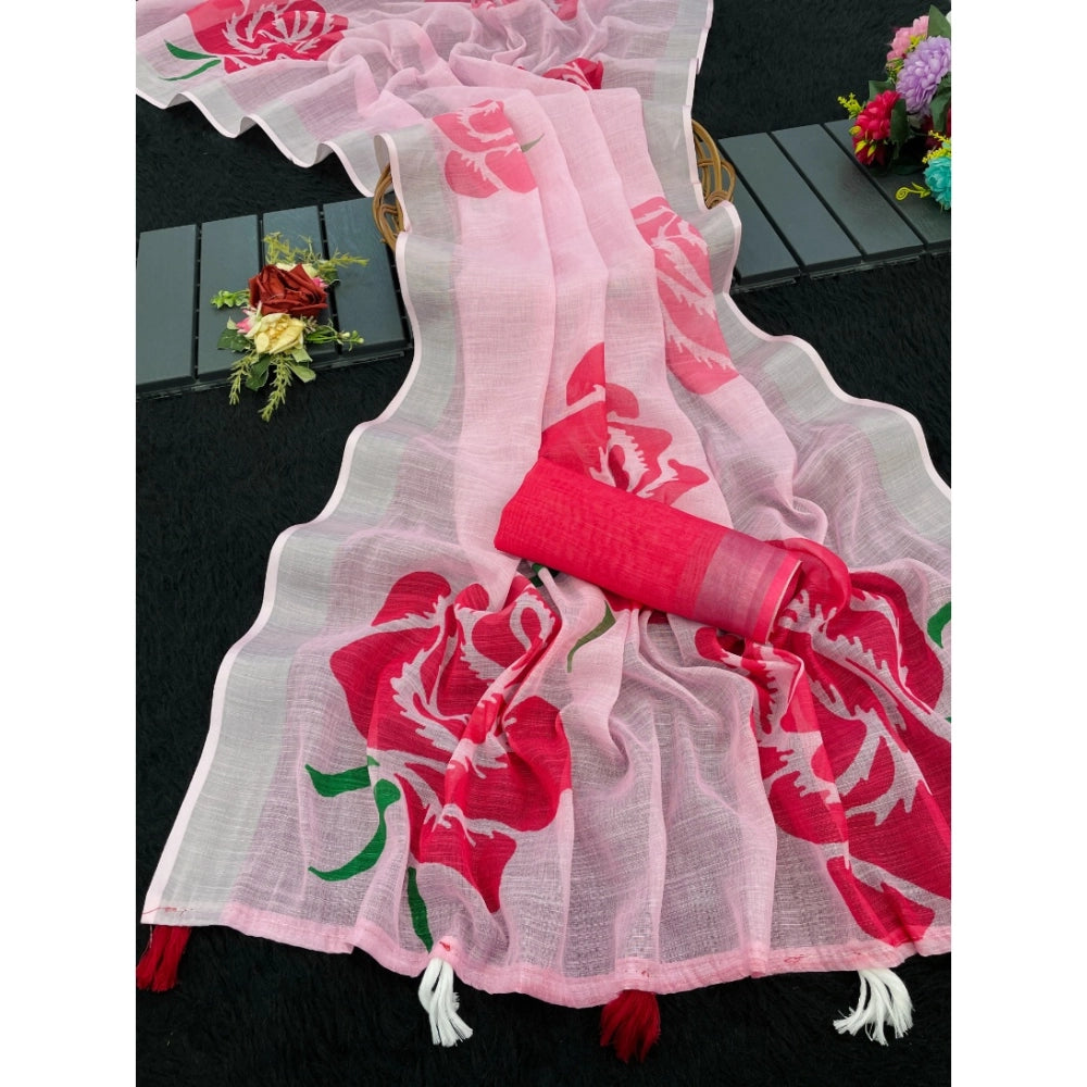 Women's Linen Cotton Printed Saree — Pink · _Pnk