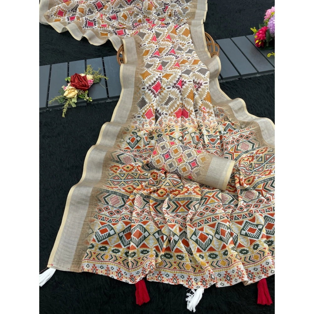 Women's Linen Cotton Printed Saree — Cream · _Crm