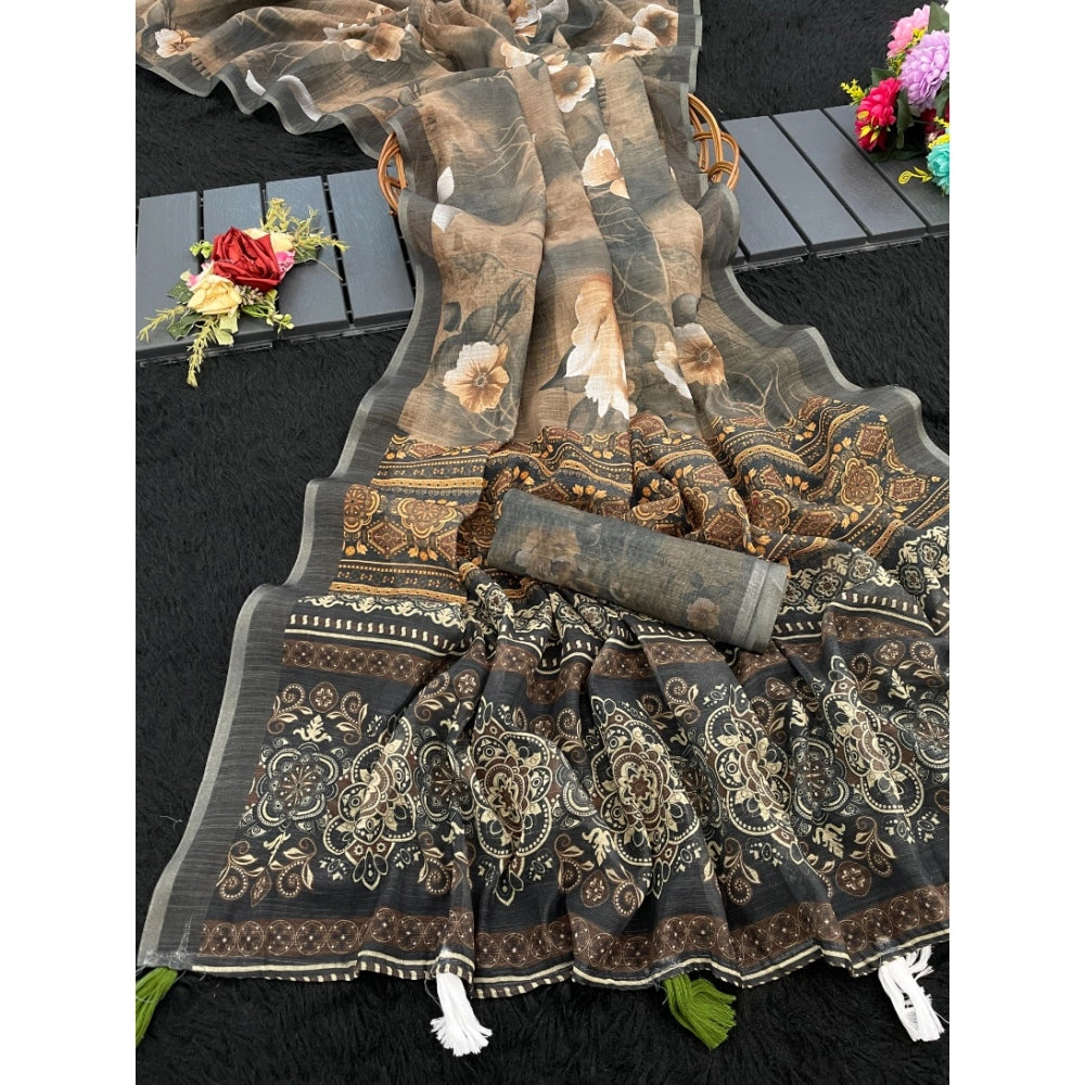 Women's Linen Cotton Printed Saree — Beige · _Bge