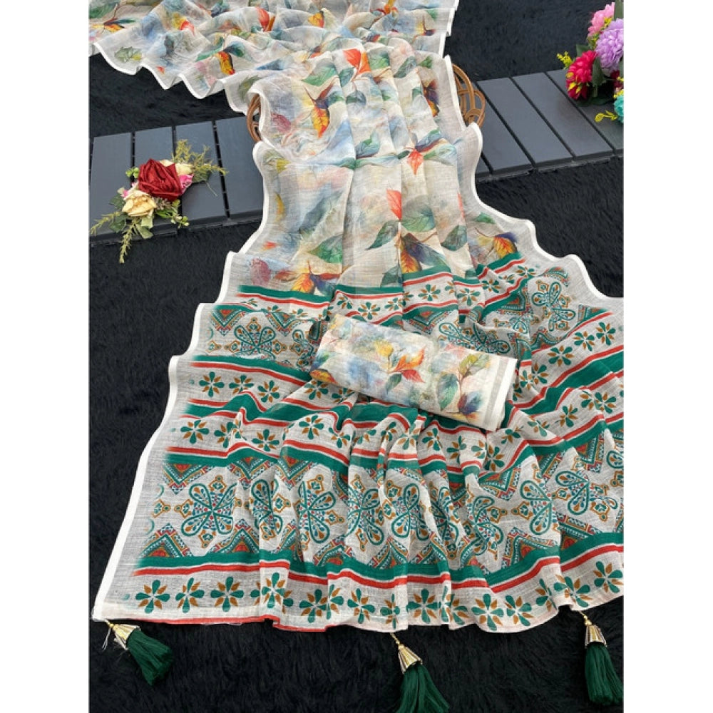 Women's Linen Cotton Printed Saree — Green · _Grn