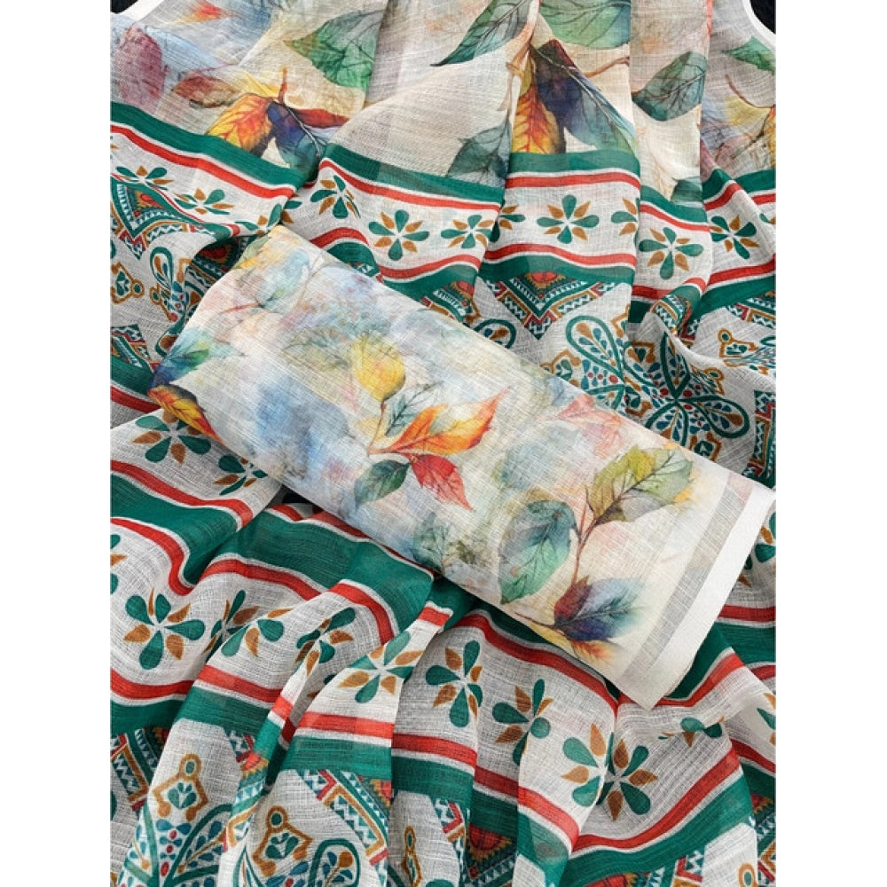 Women's Linen Cotton Printed Saree — Green · _Grn