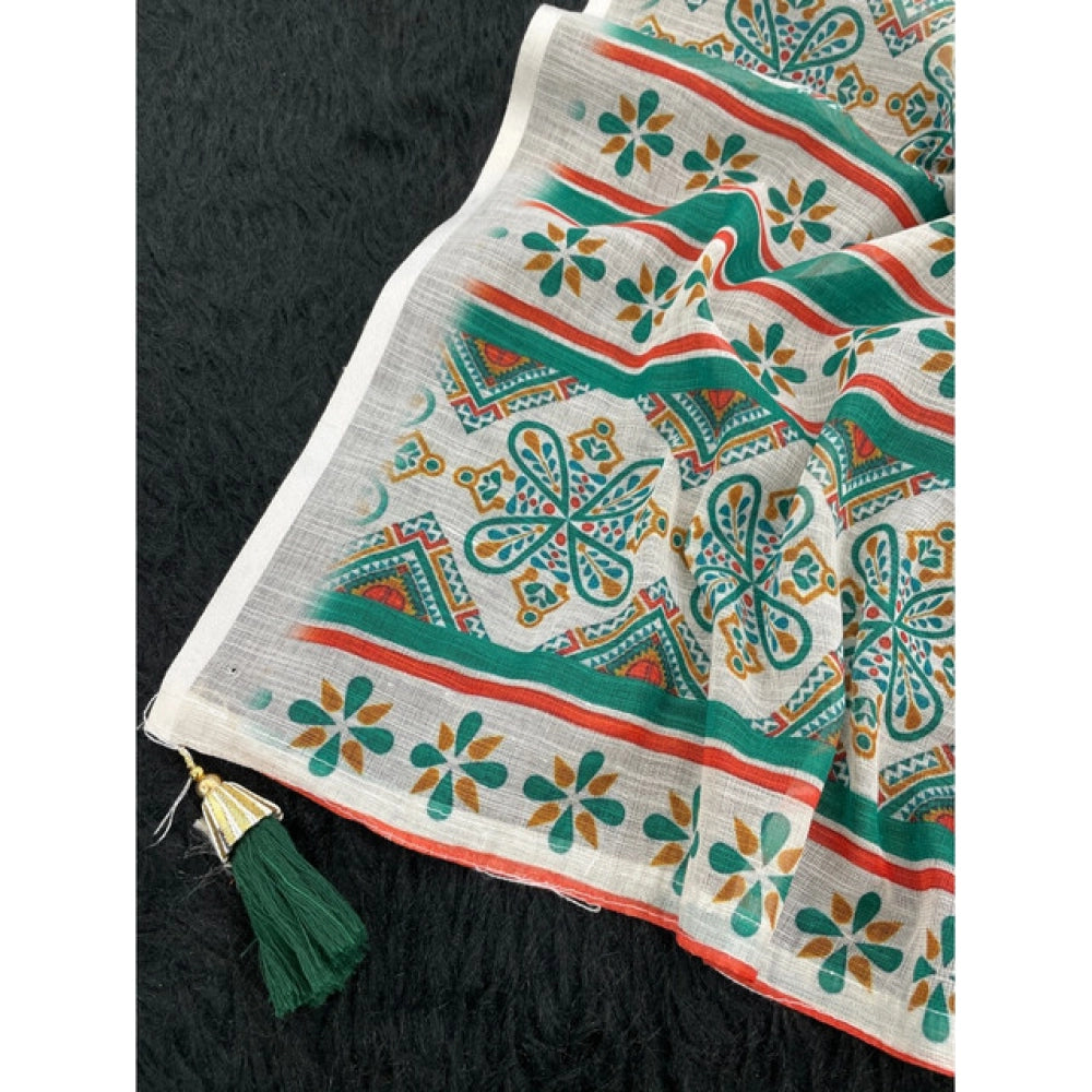 Women's Linen Cotton Printed Saree — Green · _Grn