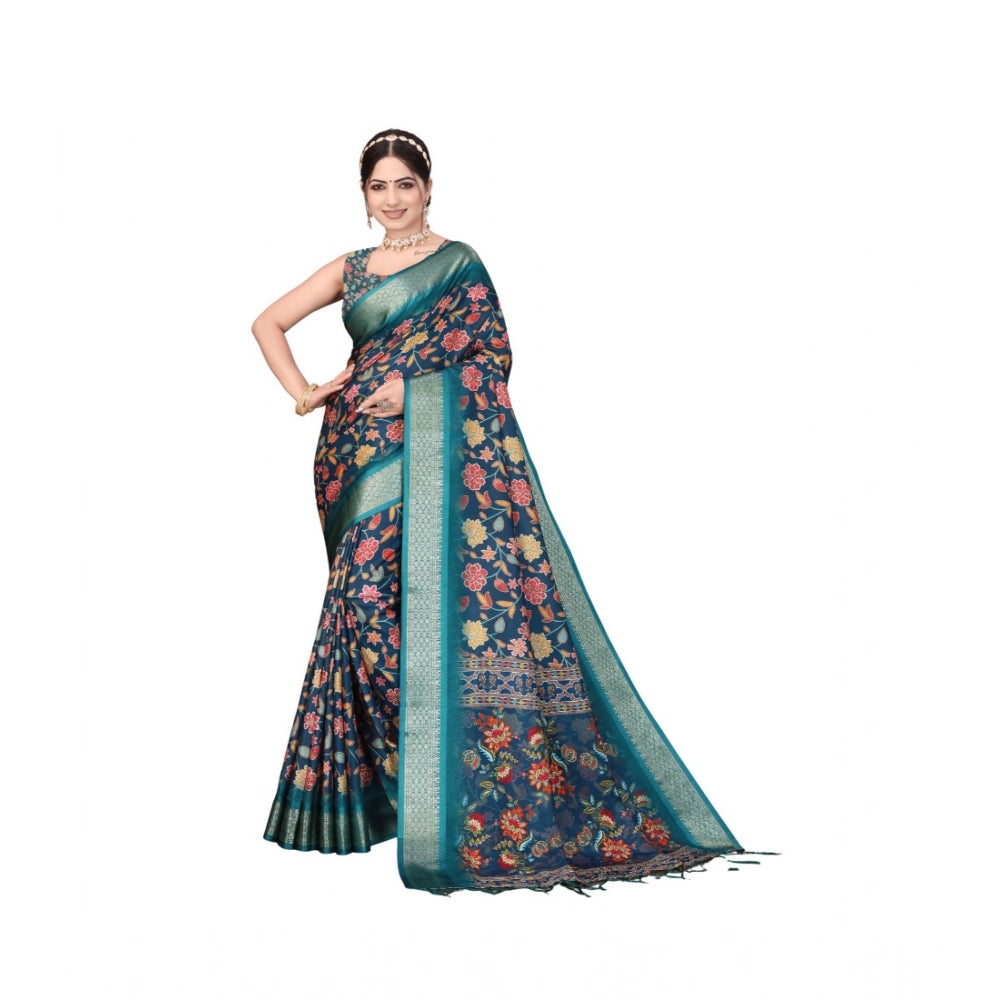 Women's Cotton Silk Printed Saree — Blue