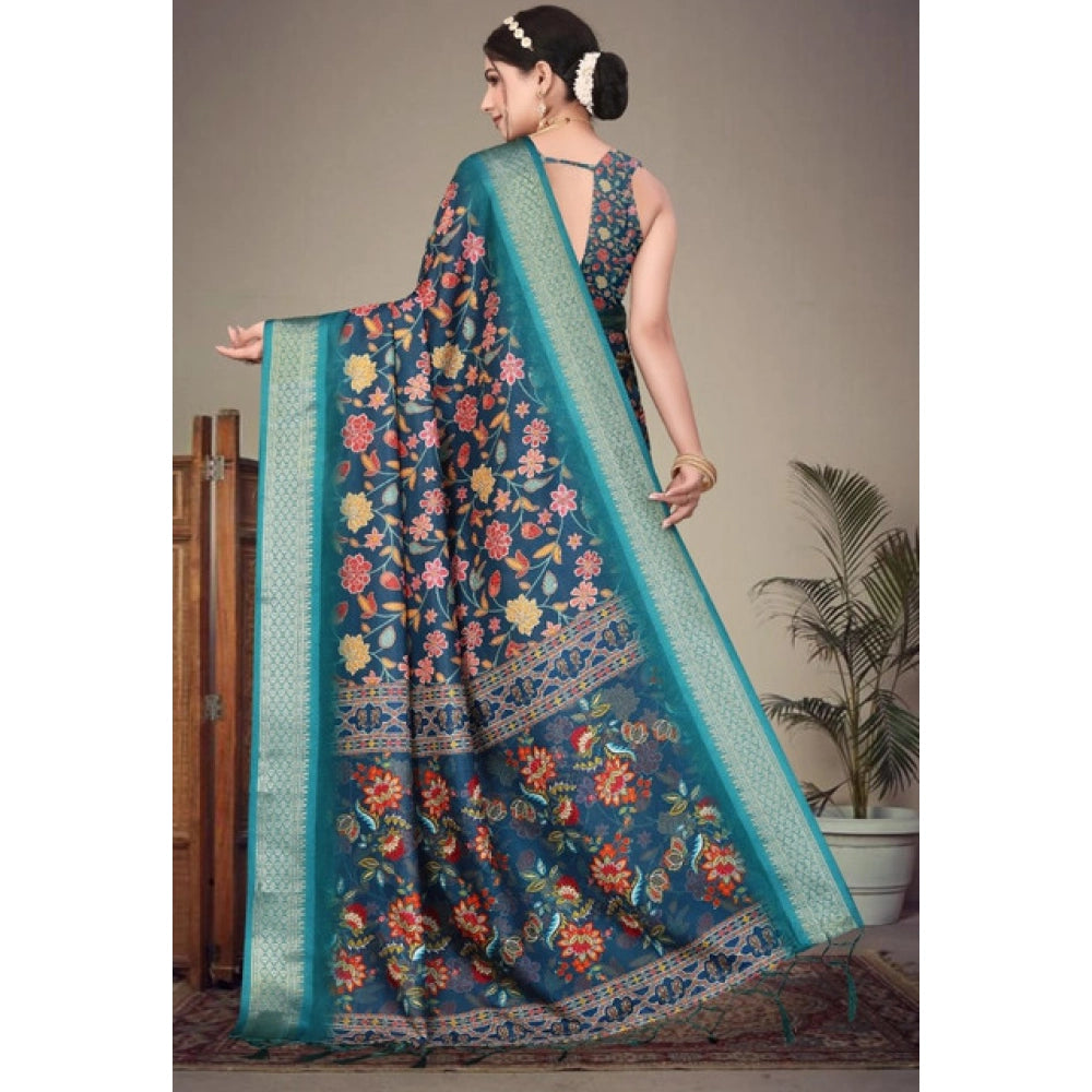 Women's Cotton Silk Printed Saree — Blue