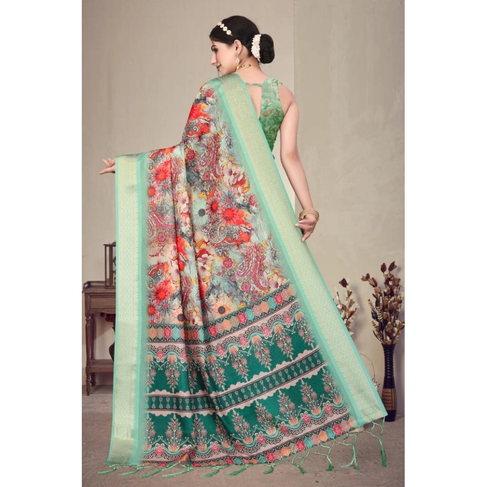Women's Cotton Silk Printed Saree — Light Green