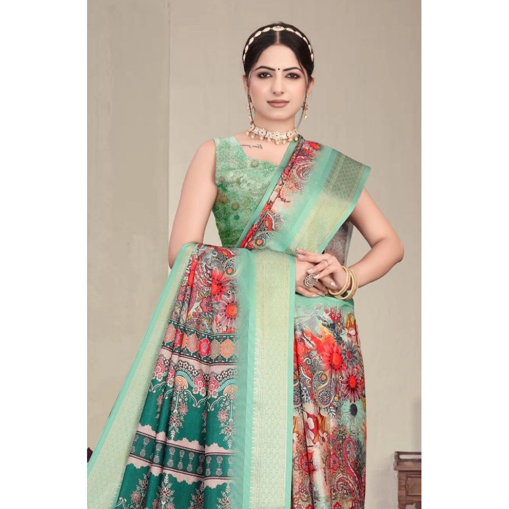 Women's Cotton Silk Printed Saree — Light Green