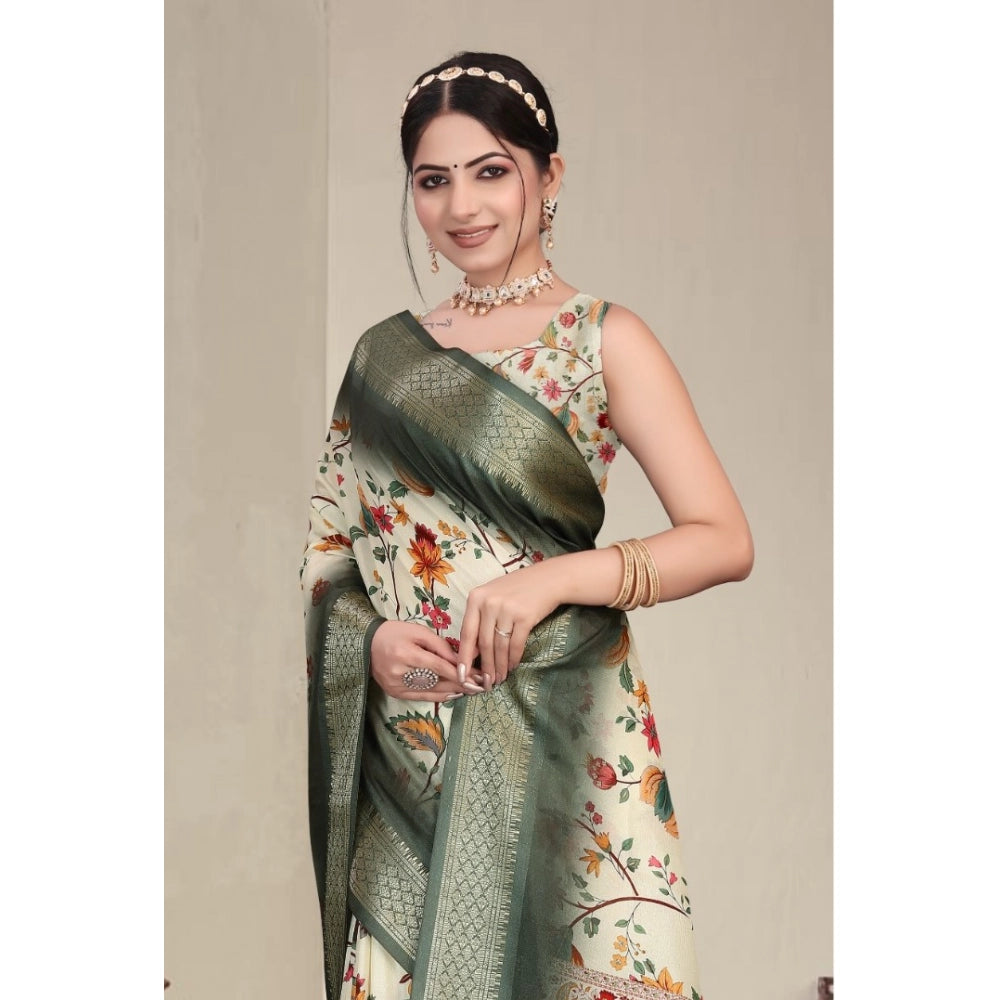 Women's Cotton Silk Printed Saree — Green