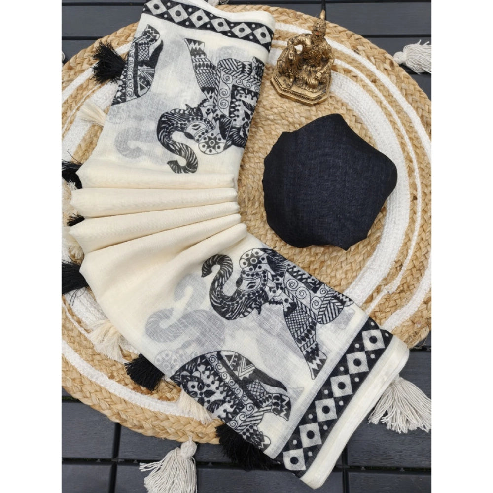 Women's Linen Cotton Printed Saree — Cream & Black