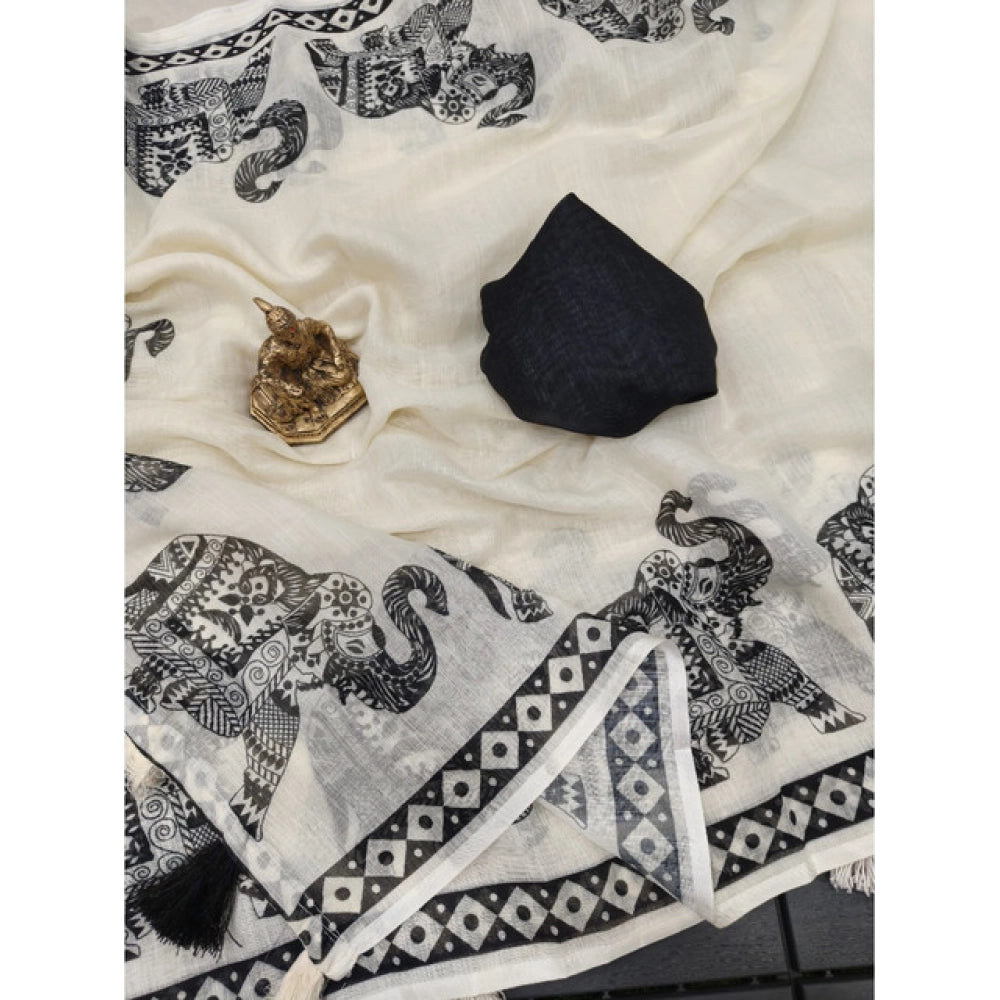 Women's Linen Cotton Printed Saree — Cream & Black
