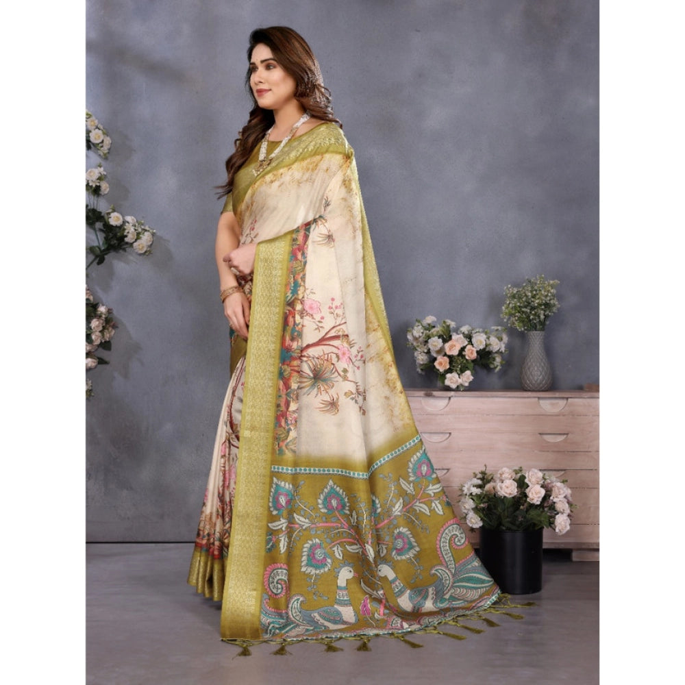 Women's Cotton Silk Printed Saree — Olive Green