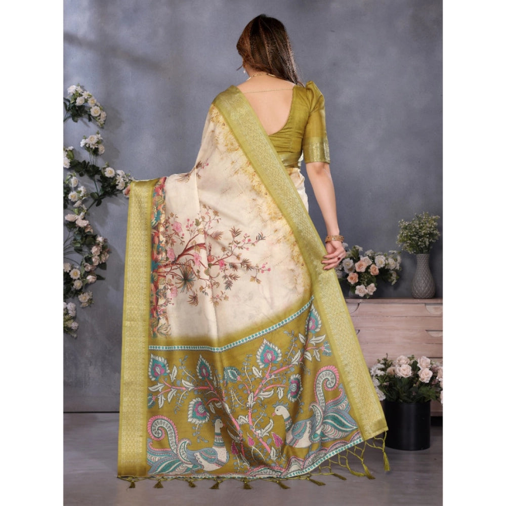Women's Cotton Silk Printed Saree — Olive Green