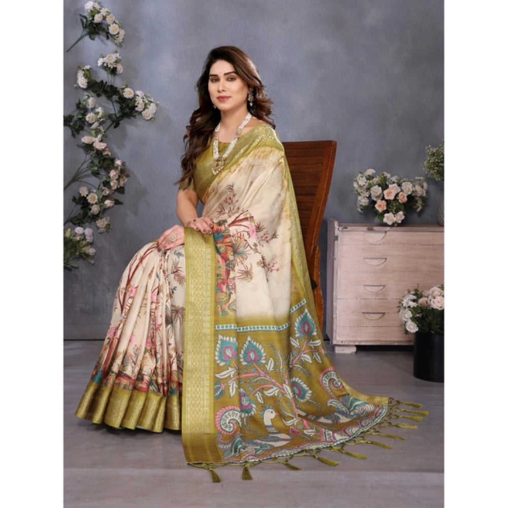 Women's Cotton Silk Printed Saree — Olive Green
