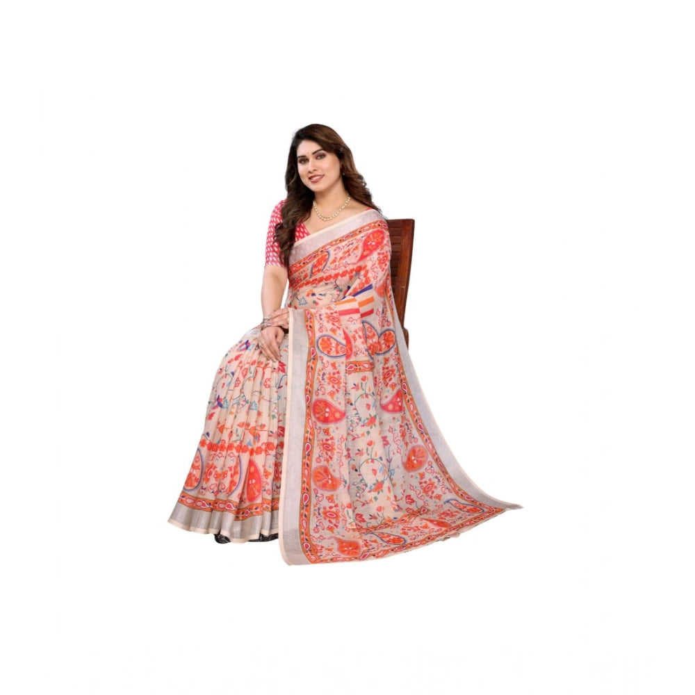 Women's Linen Cotton Printed Saree — Orange · Orng