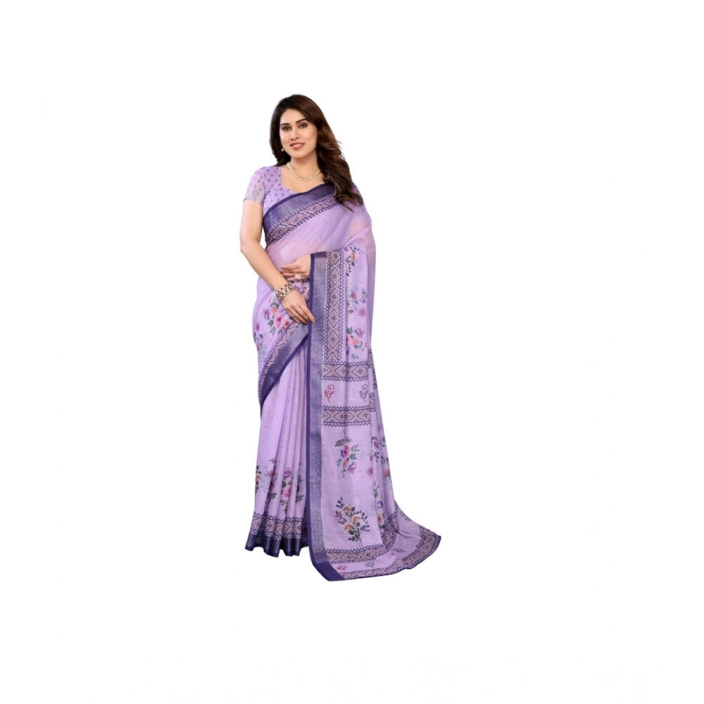 Women's Linen Cotton Printed Saree — Purple · _Prl