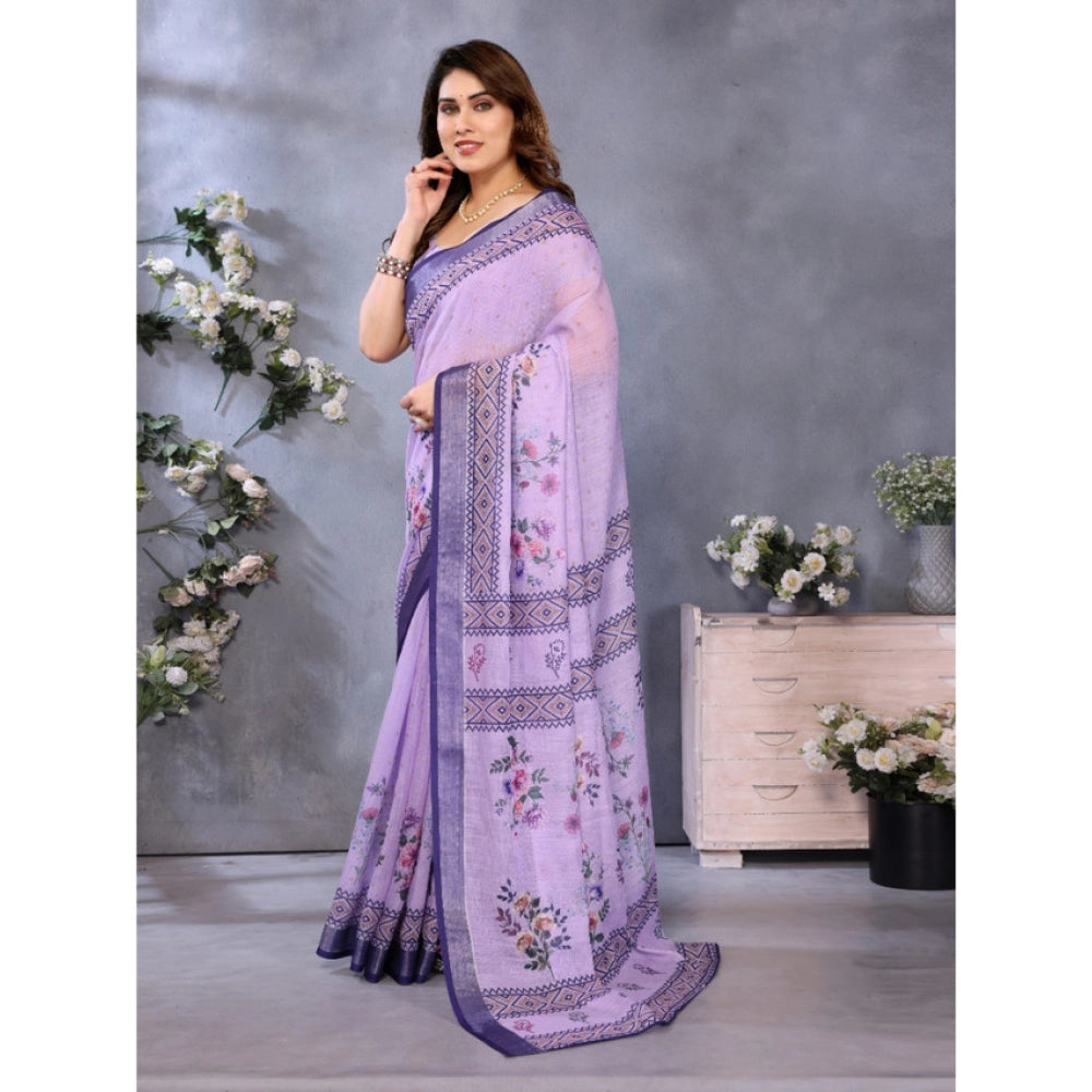 Women's Linen Cotton Printed Saree — Purple · _Prl