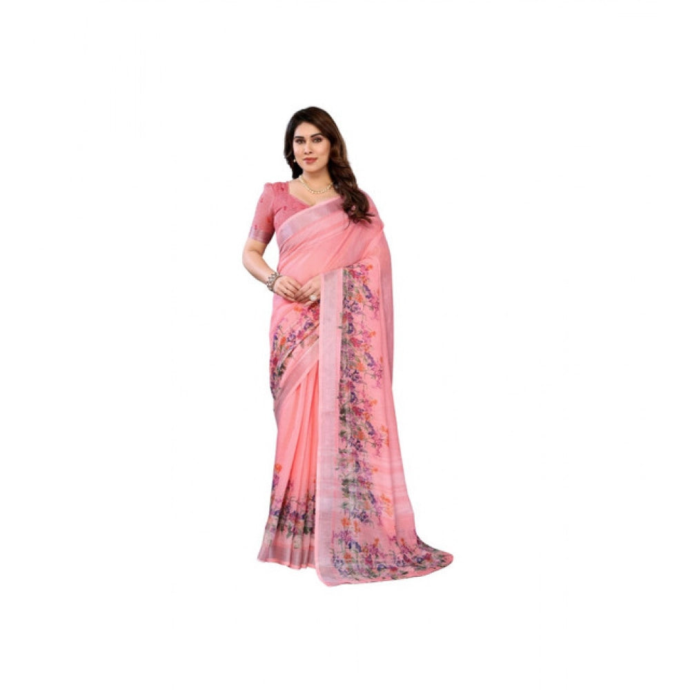 Women's Linen Cotton Printed Saree — Peach · _Pch