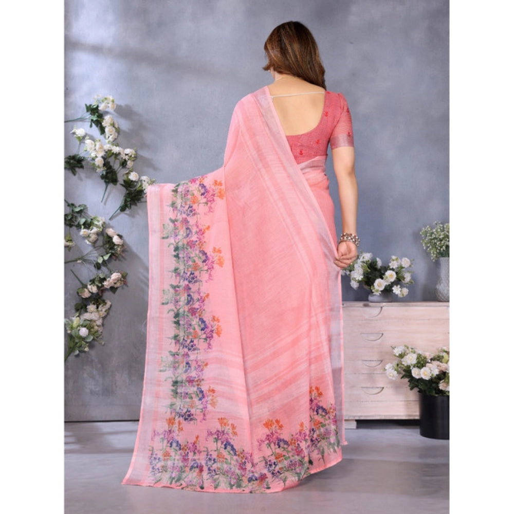 Women's Linen Cotton Printed Saree — Peach · _Pch