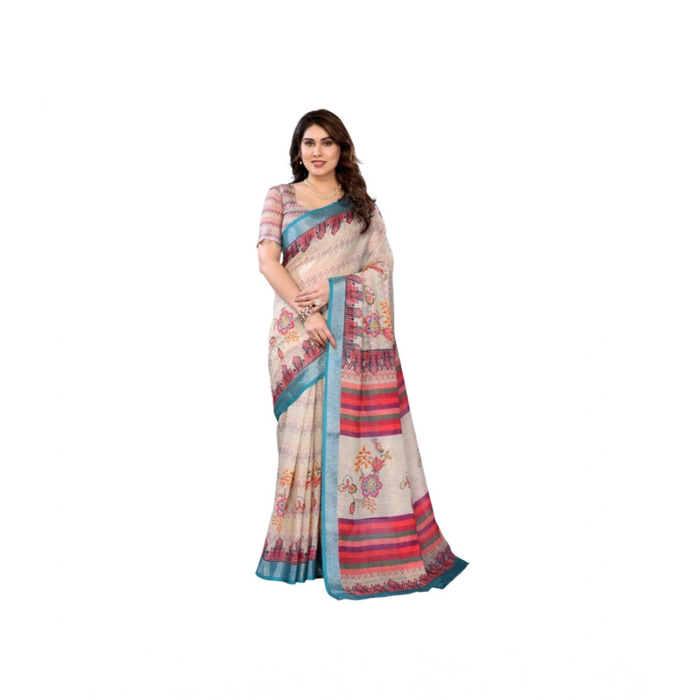 Women's Linen Cotton Printed Saree — Cream · _Crm