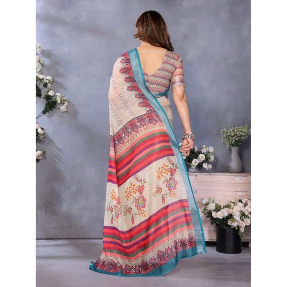 Women's Linen Cotton Printed Saree — Cream · _Crm