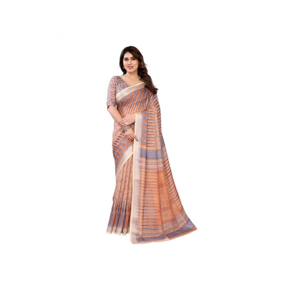 Women's Linen Cotton Printed Saree — Brown · Brwn