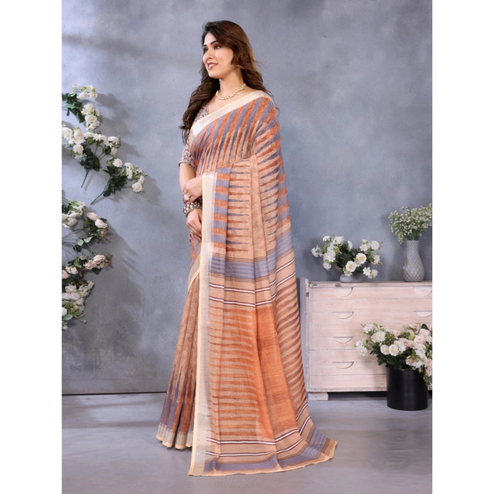 Women's Linen Cotton Printed Saree — Brown · Brwn