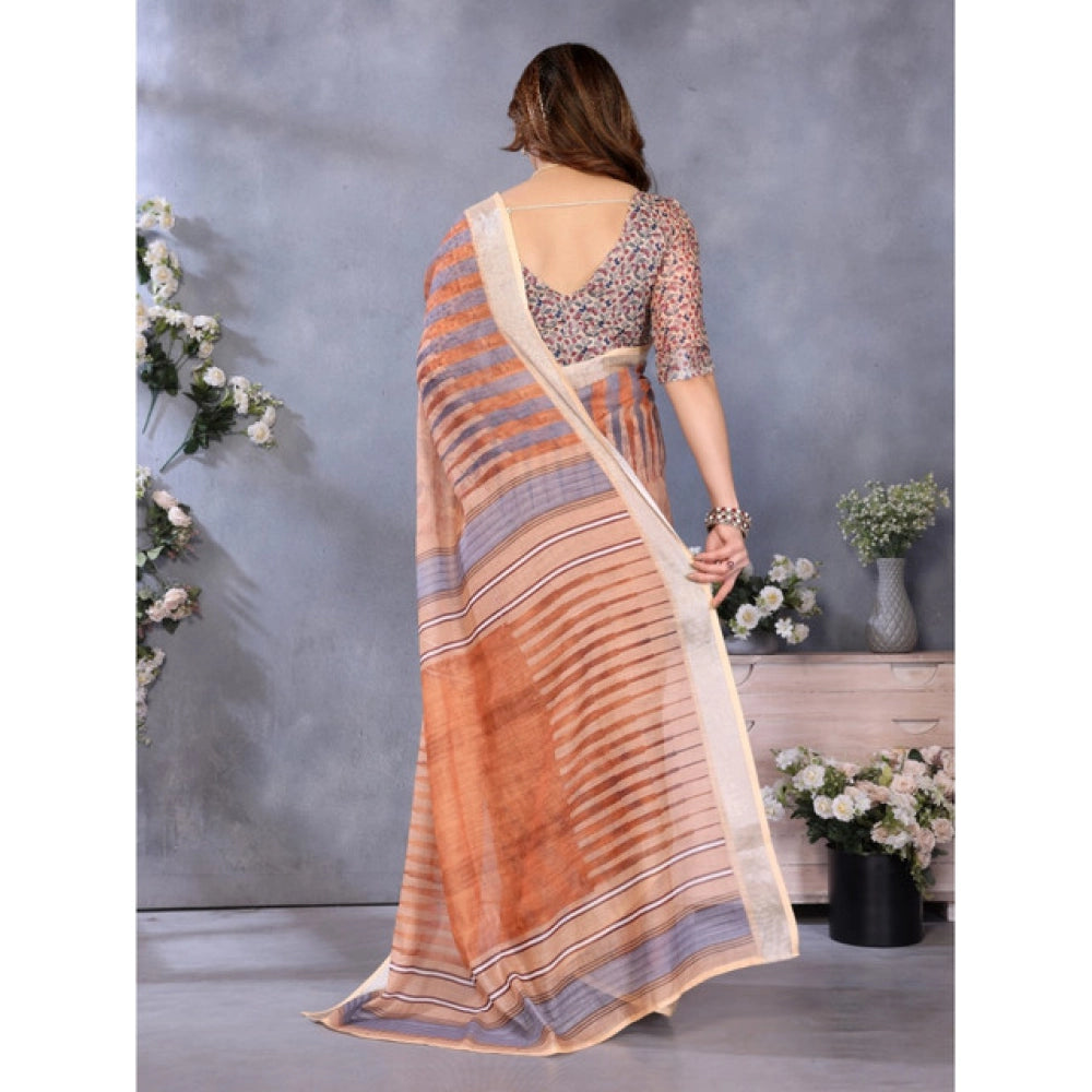 Women's Linen Cotton Printed Saree — Brown · Brwn