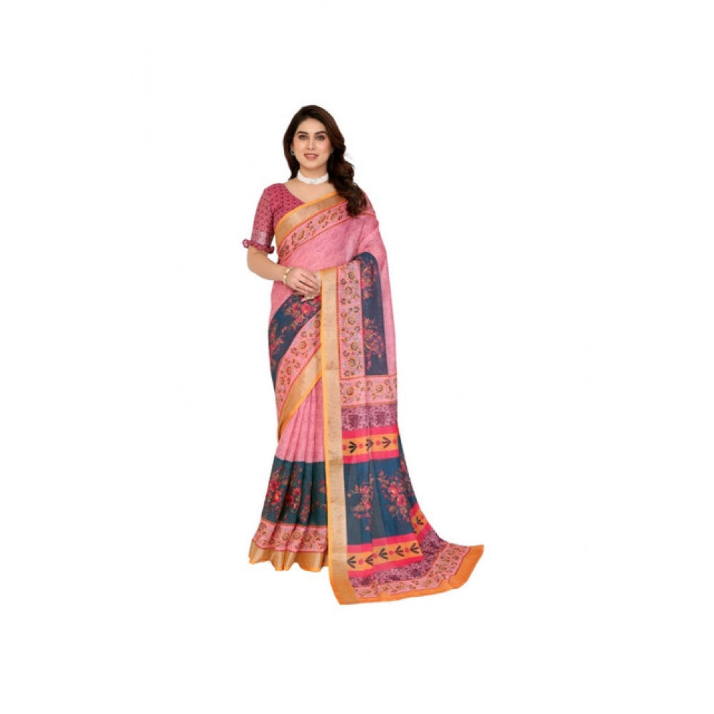 Women's Linen Cotton Printed Saree — Pink · _Pnk