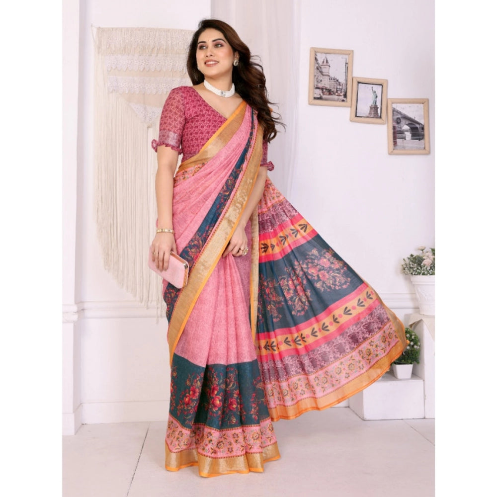 Women's Linen Cotton Printed Saree — Pink · _Pnk