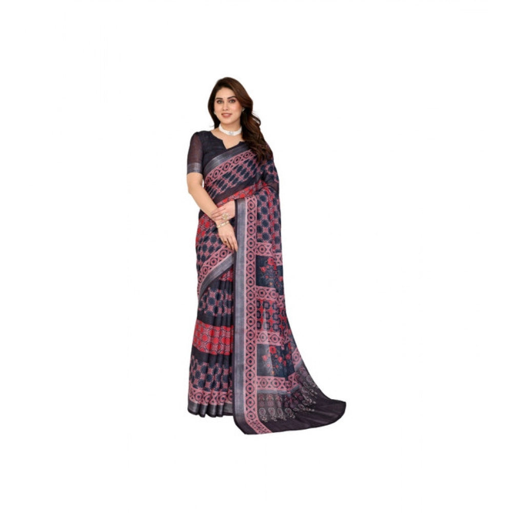 Women's Linen Cotton Printed Saree — Black · _Blk