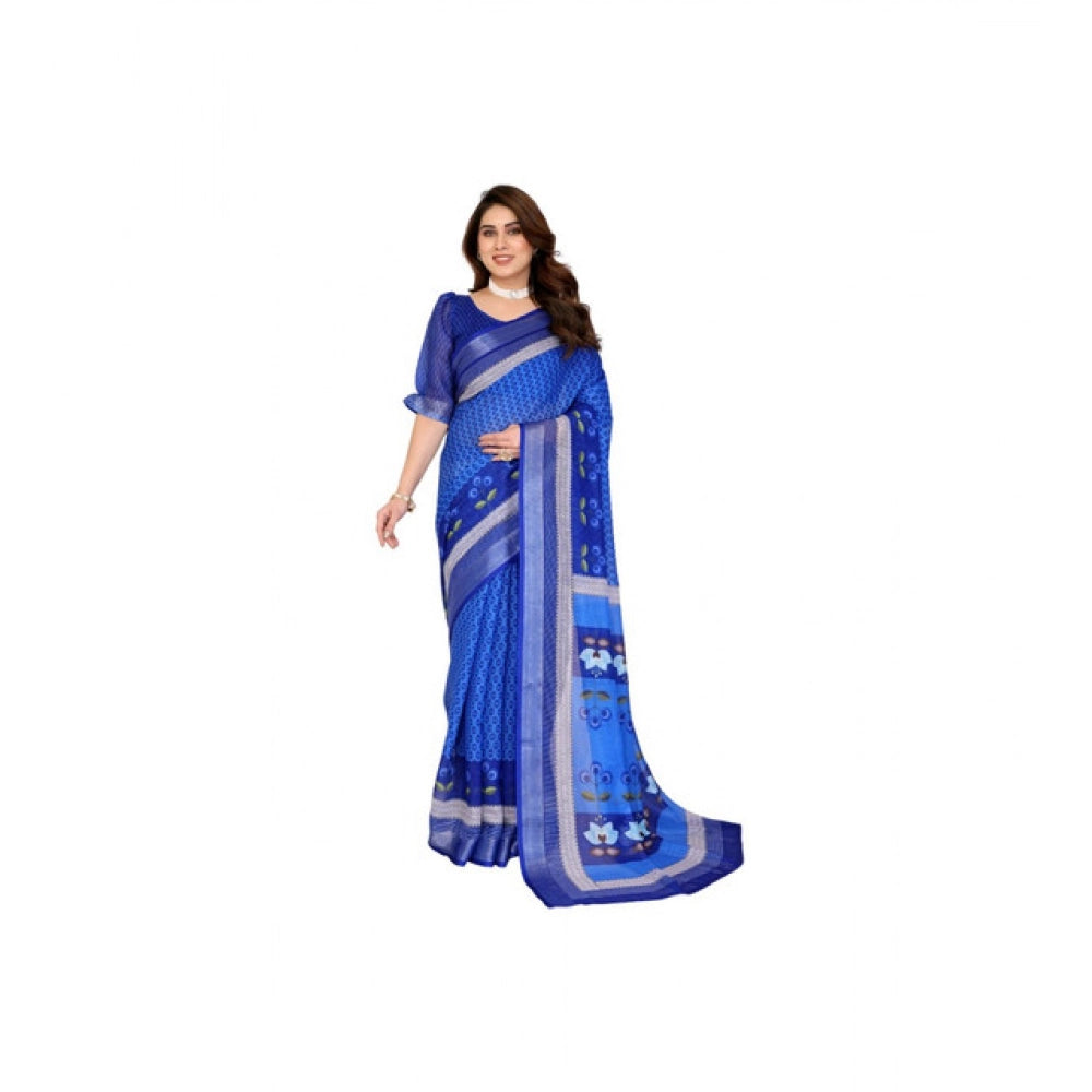 Women's Linen Cotton Printed Saree — Blue · _Blu