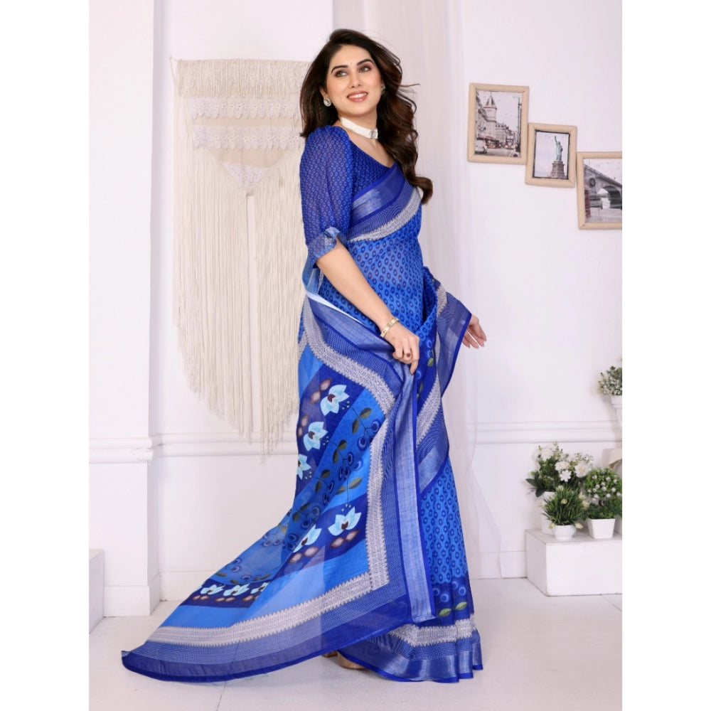 Women's Linen Cotton Printed Saree — Blue · _Blu